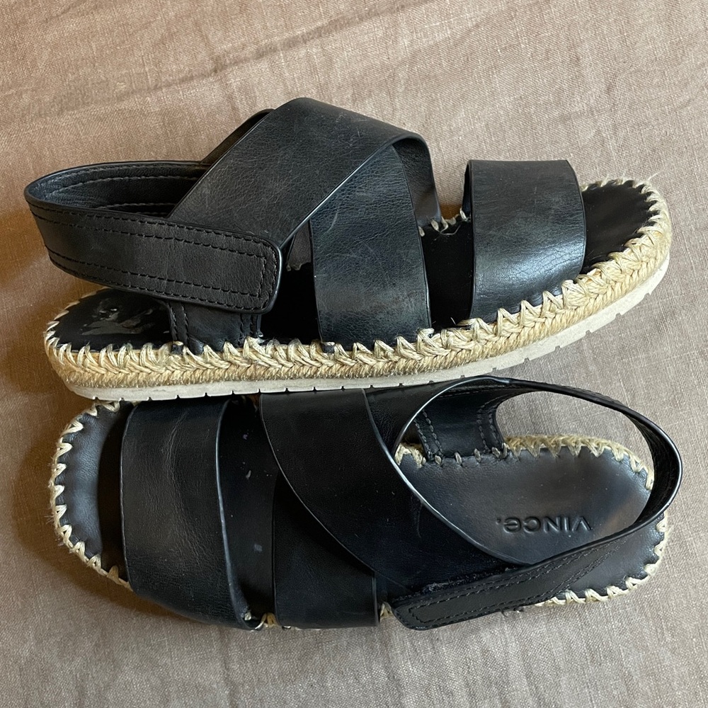 VINCE Tenison Black Leather Espadrille Platform Sandals 7M Travel Vacation